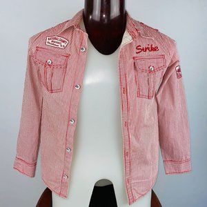 Strike Button Down Dragster Casual Dress Shirt Red Embroidery Patches